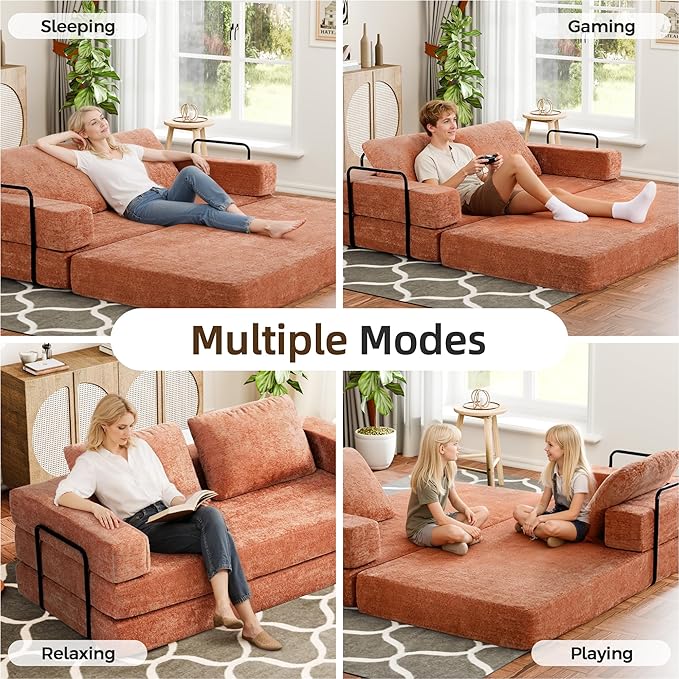 Convertible Sofa Bed, 4-in-1 DIY Combination Modular Couch with Pillows, Comfy Boneless Sleeper Sofa Bed with Fixed-Shape Frame, Chenille Convertible Lounge Couch for Living Room, Orange