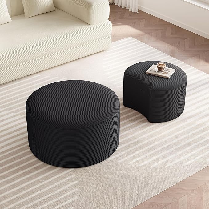 Nesting Coffee Table Set of 2, Upholstered Round Corduroy Circle Foam Round Side Table for Living Room, Entryway Set, 32"+17" Footrest No Assembly (Black, 32"+17")