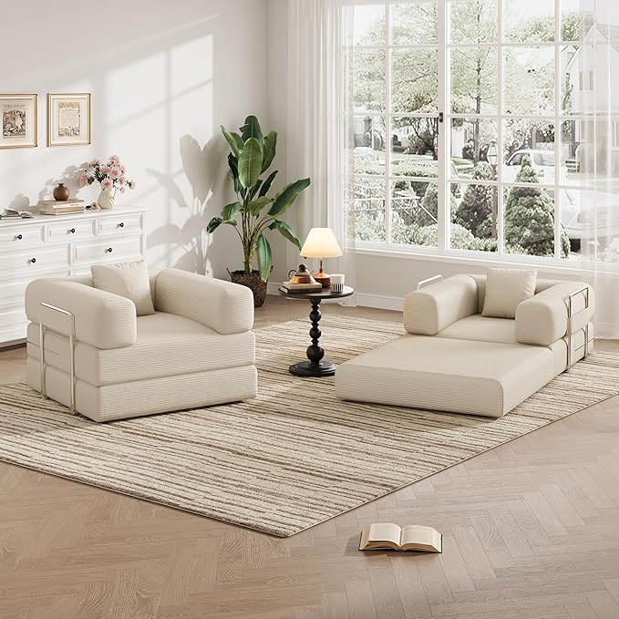 Folding Sofa Bed, 2 in 1 Convertible Sofas to Lounger Comfy Single Bean Bag Chair Floor Portable Foldable Sleeper Lazy Futon Couch Chair for Bedroom, Living Room (Beige, 35.43" Single Sofa)
