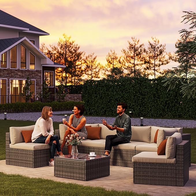 SUNVIVI OUTDOOR 7 Piece Patio Furniture Sets All Weather Gery PE Wicker Couch Sofa with Glass Table, Removable Beige Cushions, Brown Rattan