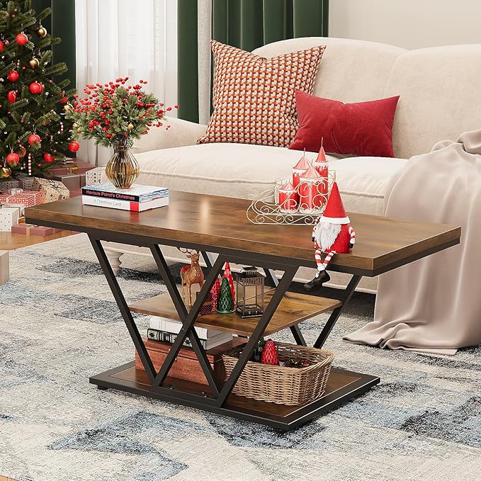 Coffee Table with Storage Industrial 3 Tier Center Living Room Table Farmhouse Wooden Rectangle Cocktail Rustic Tea Table for Office Bedroom(Brown)