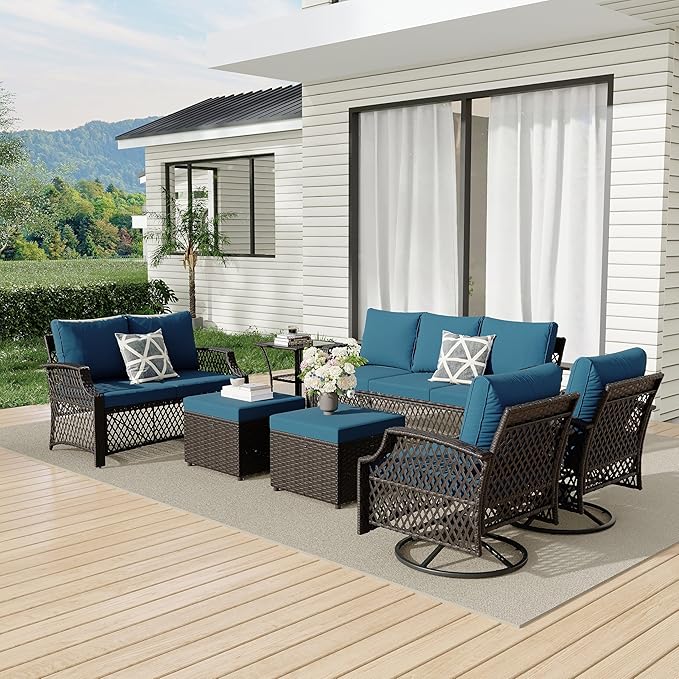 HOMREST 7 Piece Patio Furniture Set, Wicker Outdoor Conversation Sofa Set with Swivel Chairs, 2 Ottomans, Glass Side Table, Rattan Outdoor Sectional for Deck Backyard Porch ๏ผ9 Seats, Turquoise