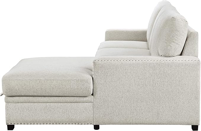 Lexicon Mid Century Modern Sectional Sleeper Sofa Bed Couch with Storage Chaise, Sectional Sofa Pull Out Couch Bed, Sectional Couch Lounge Sofa for Living Room Apartment, Right Side Chaise, Beige