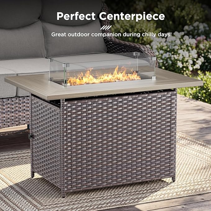 Luxury High Back Outdoor Furniture with 6-inch Extra Thick Cushions, Patio Furniture Set with Fire Pit Table & Swivel Chairs, 7 PCS Wicker Conversation Set for Yard, Deck, Poolside, Brown/Beige