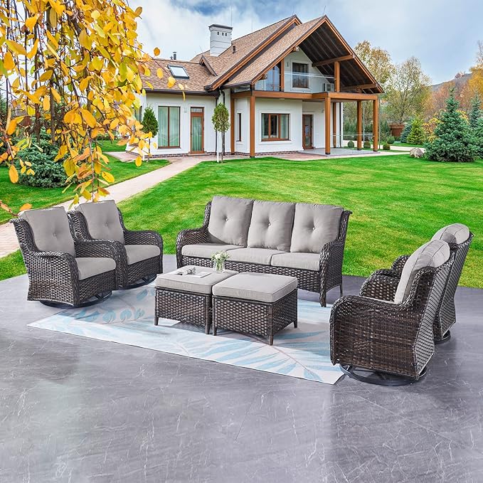 Rilyson Wicker Patio Furniture Set - 7 Piece Rattan Outdoor Sectional Conversation Sets with 4 Swivel Rocking Chairs,2 Ottomans and 1 Sofa for Porch Deck Garden(Brown/Grey)