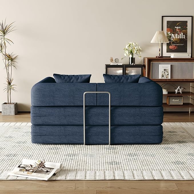 53.15'' Convertible Compressed Corduroy Folding Sofa Bed, Modern Boneless Pull Out Loveseat Sleeper in a Box, 4 in 1 Floor Mattress Futon Cloud Couch, No Assembly Needed, Navy Blue, 2 Pillows, Full
