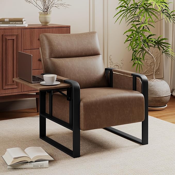 Upholstered Living Room Chair Armchair Set of 2, Mid Century Faux Leather Metal Accent Chair, Reception Couch Office Guest Chair Slipper Club Lounge Single Sofa with Sidetable for Bedroom-Brown
