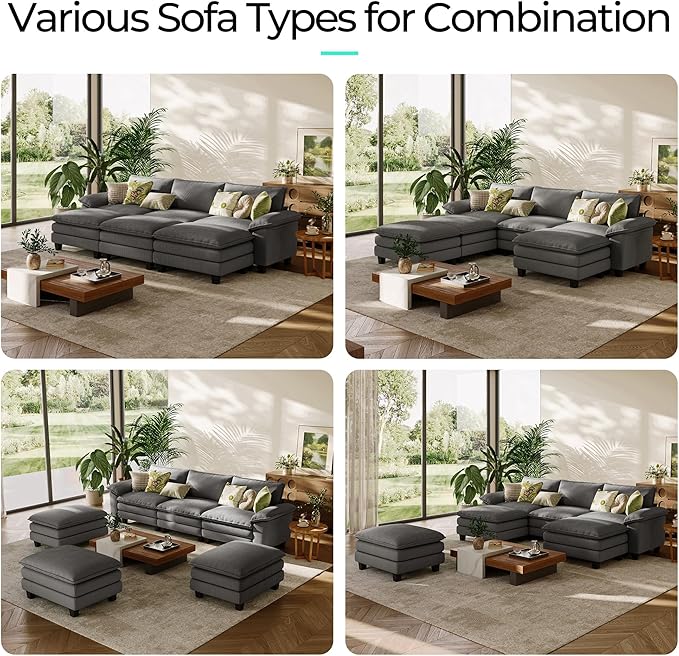 LINSY HOME Modular Sectional Sofa - 123 Inch Oversized Corduroy Cloud Couch with Movable Ottoman Soft Modern Comfy Sofa Set for Living Room Apartment Office, Grey
