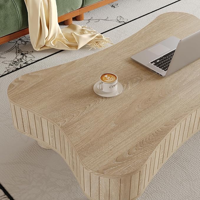 42.52'' Cloud Coffee Table with Lifting Top for Living Room Irregular Coffee Table with Storage Modern Low Cute Wooden Fluted Center Tables Pull Up Tables Grey