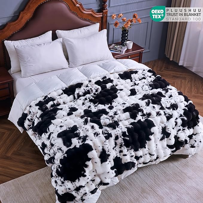 Faux Fur Throw Blanket for Couch, Fluffy Fuzzy Plush Bubble Blanket, Soft Warm Cozy Shaggy Rabbit Blanket, Luxury Decorative Gifts for Sofa Bedroom Living Room, 108x90inch (Cow Print-Black)