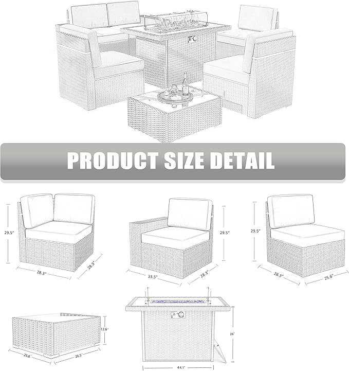 LayinSun 7 Pieces Outdoor Patio Furniture Set with 44" Fire Pit Table Brown Rattan Sectional Sofa Conversation Sets