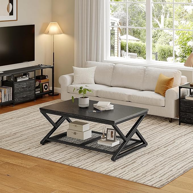 EnHomee Coffee Table with Storage, Modern Coffee Tables for Living Room with Mesh Shelf, 2 Tier Rectangular Center Table for Living Room, Bedroom, 39.4 Inch, Black Oak