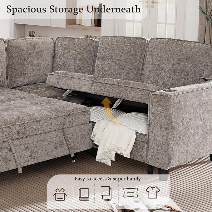 KEIKI 81" L-Shaped Oversized Chenille Modular Sectional Sleeper Sofa with Pull-Out Bed, Storage Seat, Modern 5-Seater Upholstered Couch Bed with Charging Station, Easy Assembly, for Living Room, Brown
