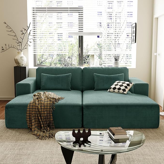 86-Inch Fluffy Corduroy Boneless Sleeper Daybed Loveseat Double Recliner Chaise Lounge Sofa Couches, Floor Cloud Sofa Chaise W/4 Pillows for Home Apartment Living Room