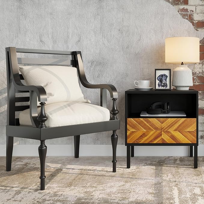 Bme Vivian Solid Wood Nightstand, End Table, Bedside Table with Herringbone Pattern for Rustic Bedroom, Easy Assembly, Rustic Golden Brown and Black - Image 12