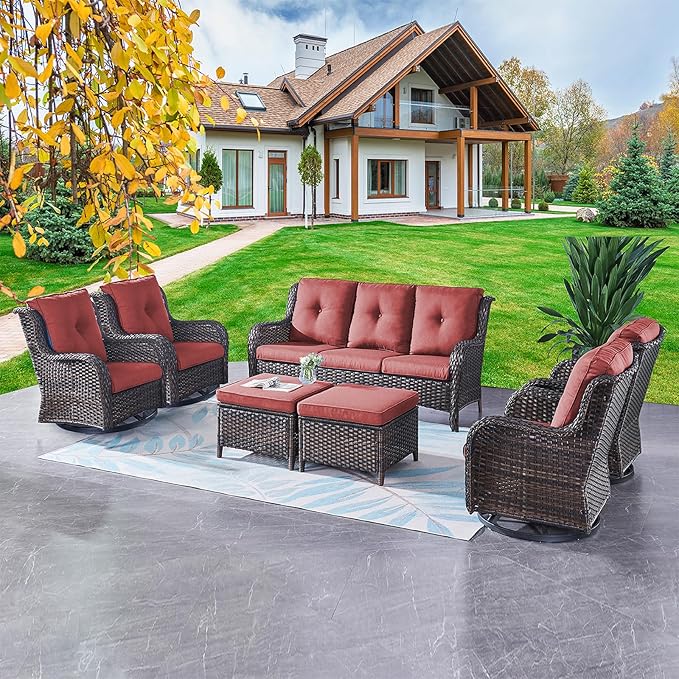 Rilyson Patio Furniture Swivel Chairs Set - 7 Piece Wicker Rattan Outdoor Sectional Conversation Sets with 4 Swivel Rocking Chairs,2 Ottomans and 1 Sofa for Porch Deck Garden(Brown/Red)