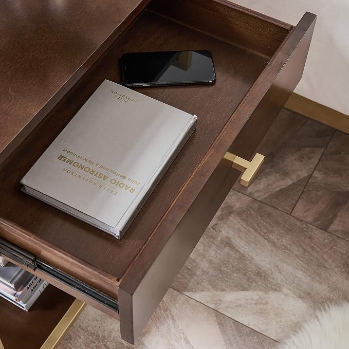 Claudette Nightstand with USB-C Fast Charging Station, Solid Wood and Metal, Walnut Brown and Gold Side Table, Perfect for Bedrooms, Living Rooms, and Offices – Leick Home, 9069-WA - Image 5