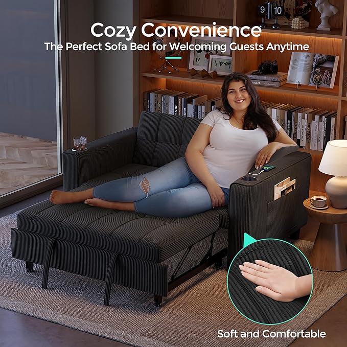 LINSY Sleeper Sofa Bed, 54" Pull Out Couch with Charging Station & Cup Holder, Small 3 in 1 Convertible Loveseat Sleeper Couch for Apartment, Dorm Room, Bedroom and Small Space, Corduroy Black