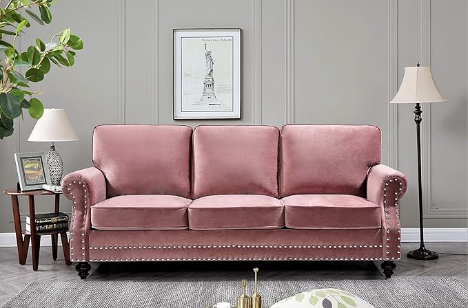 Lotus Mid Century Modern Velvet Upholstered Living Room Rolled Arms, Sofa and Loveseat, Rose