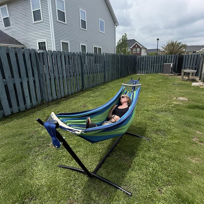 SZHLUX Double Hammock with Stand Included 450lb Capacity Steel Stand, Premium Carry Bag Included.Indoor Outdoor Brazilian-Style Cotton Bed for Backyard, Camping,Garden,Green - Image 6