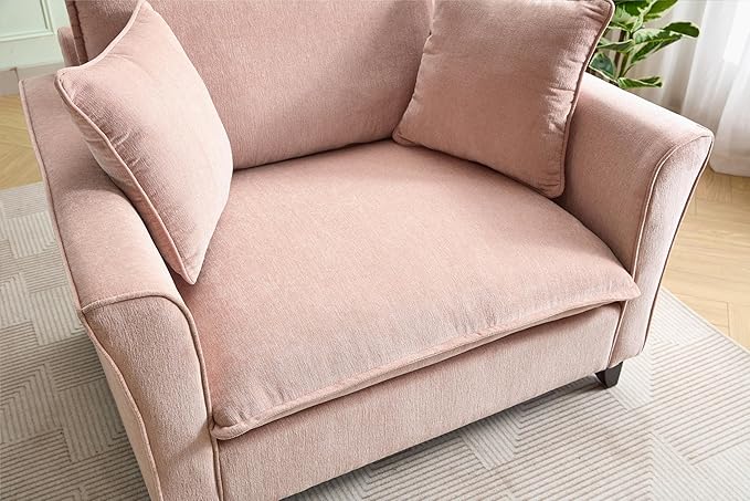 46.3 Inch Oversized Armchair Chenille Fabric Chair and a Half Single Sofa with Pillow Removable Washable Covers Rubberwood Legs Ruffled Armrests for Living Room Bedroom Office Apartment, Pink