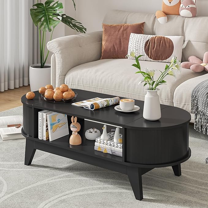Coffee Table with 2 Hidden Storage,Mid Century Modern Coffee Table with Fluted Finish,Wood Center Tables Oval Coffee Tables with Flip-Top Lids for Living Room Home Office (Black)