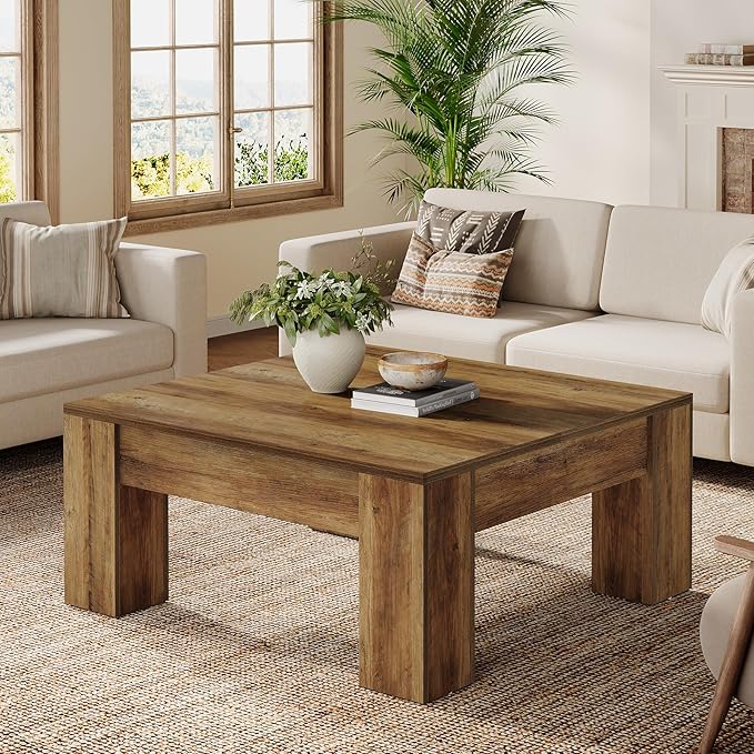 Tribesigns Farmhouse Square Coffee Table, 39-Inch Wooden Coffee Table with Sturdy Legs, Rustic Accent Center Table for Living Room, Easy Assembly, Rustic Brown