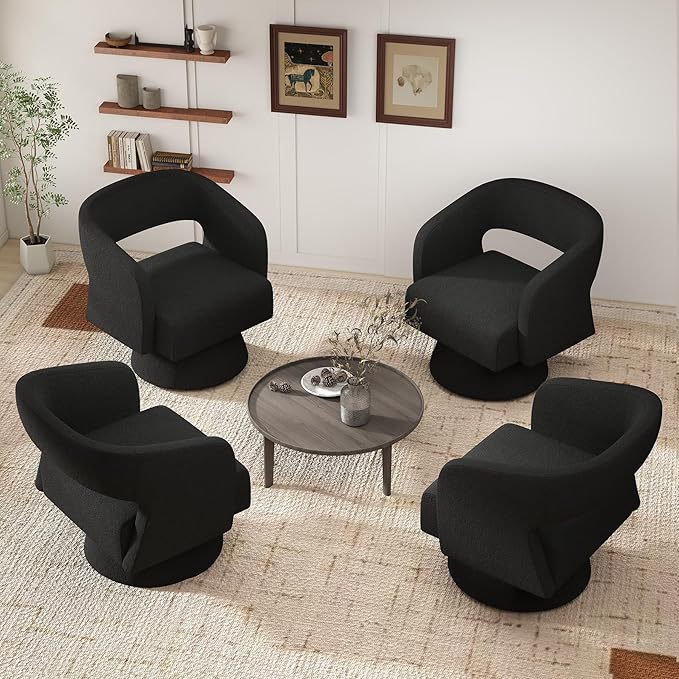 Nebuaegis Swivel Accent Chair Set of 2, Modern Comfy Teddy Barrel Chairs, Oversized Upholstered Round Arm Chair for Living Room, Bedroom, Reading Room, Black