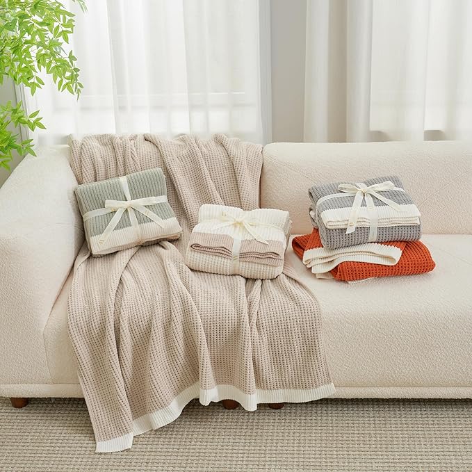 Amélie Home Chenille Throw Blanket, Soft Cozy Waffle Throw for Couch & Sofa, Warm Yet Lightweight, Breathable All-Season Throws for Women Men, Housewarming, Birthdays, 50"x60", Beige