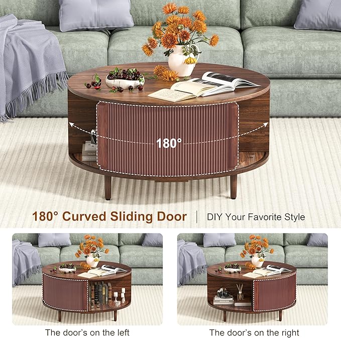 Round Coffee Table, Walnut 31.5" Fluted