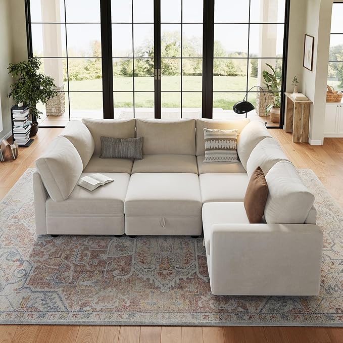 Sectional Couches for Living Room, Cloud Couch Sectional with Large Storage, l-Shape Modular Sectional Sofa with Ottoman (Beige 7-Seater)