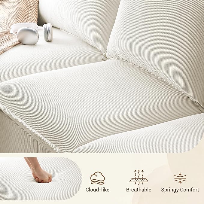 3 Seater Corduroy Couch, 89" Comfy Couch with Deep Seat, Modern Sofa Couch for Living Room, Office, Bedroom, Apartment (Pillows not Included) | Breathable material, Pet - friendly, Strong support