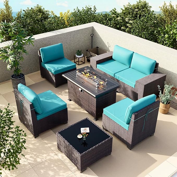 Gotland 7 Pieces Patio Furniture Set with 55000BTU Fire Pit Table, Wicker Patio Set with Wide Armrests 29.5'' High Backrest Thick Cushions 1 Coffee Table, Outdoor Furniture for Porch Deck Green