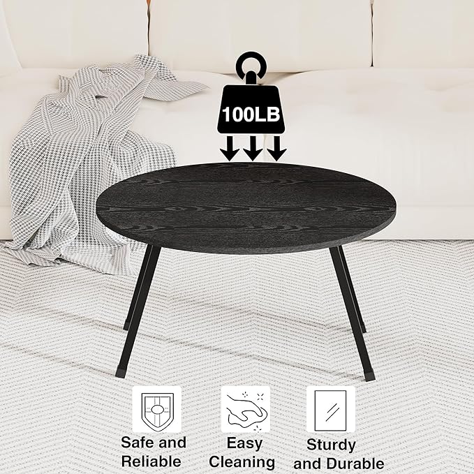 Round Folding Coffee Table for Small Spaces, Foldable Small Coffee Table Portable Sturdy, Easy Assembly Mid Century Low Wood Tables for Living Room, Home, Office, Black
