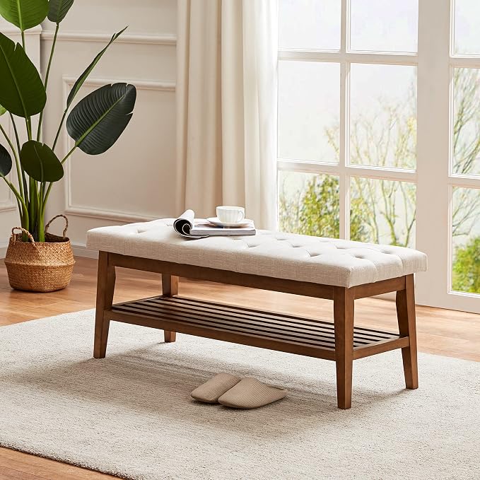HUIMO Entryway Shoe Bench, End of Bed Bench,Upholstered Button-Tufted Bench for Kitchen, Fabric Ottoman Bench for Living Room, Padded Bench with Solid Wood Shelf Beige - Image 10