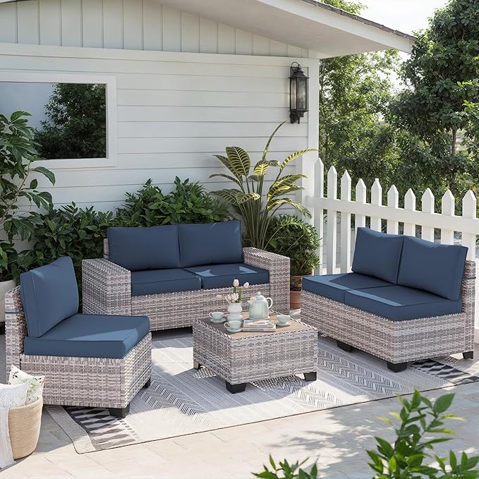 6-Piece Outdoor Patio Furniture Set Wicker Rattan Sectional Sofa Set, Patio Conversation Set with Thickened Cushions & Coffee Table for Garden, Backyard, Navy Blue