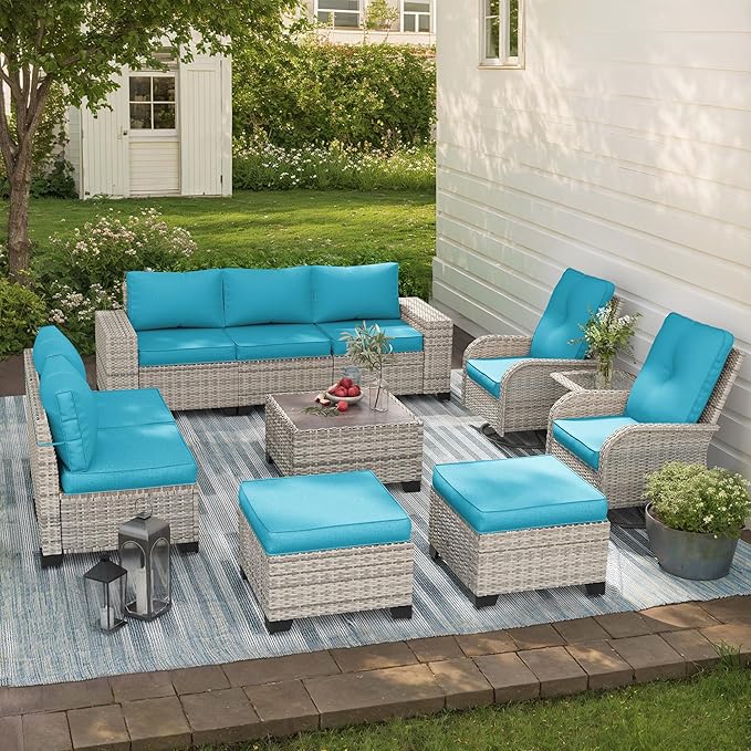Outdoor Patio Furniture Set with Rocking Swivel Chair Wicker Sectional Sofa Set, 11-Piece Patio Conversation Set with Ottomans and Coffee Table for Garden, Turquoise