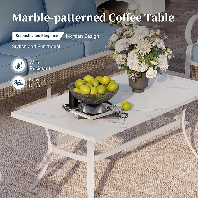 6 Piece Metal Outdoor Patio Furniture Set, Patio Conversations Set 3-Seater Sofa, 2-Seater Sofa, 2 Rocking Chair with 5.75" Thick Cushion & Coffee Table White Backyard Furniture, Blue