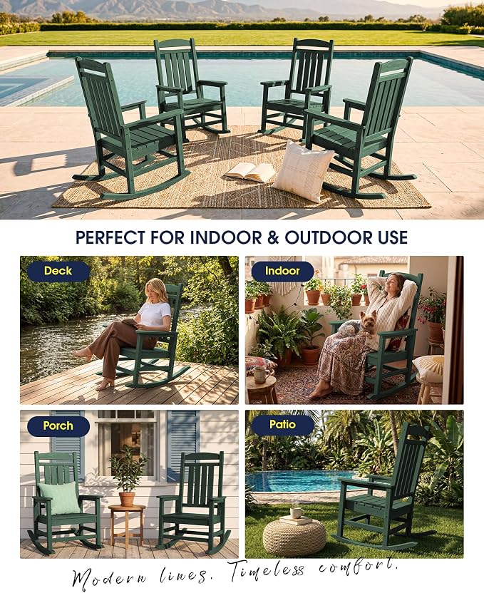 KINGYES Oversized HDPE Outdoor Rocking Chair, All-Weather Patio Rocking Chair, Weather Resistant Porch Rocker for Adults, Dark Green - Image 9