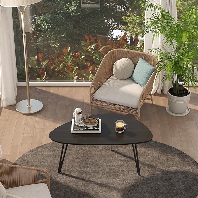 Manora Small Black Coffee Table, Modern Irregular Oval Wood Top with Tapered Metal Legs, Living Room Accent Table, 39.3"x21.6"x17" Low-Profile Table