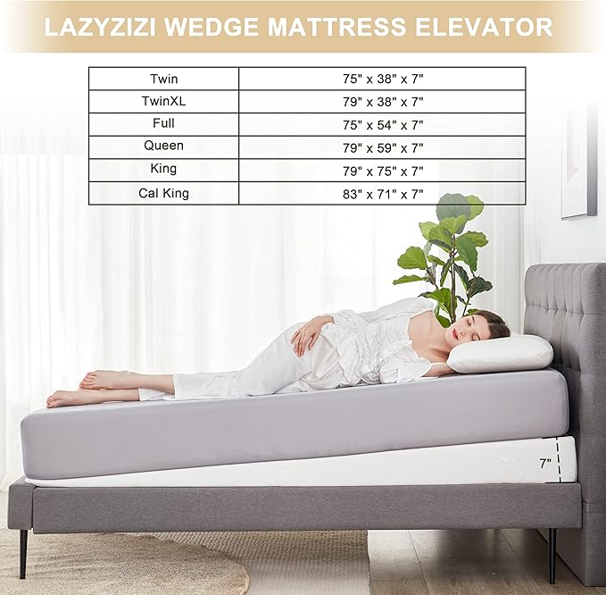 Lazyzizi Wedge Mattress Elevator 7-Inch Inclined Mattress Topper for Acid Reflux, GERD, Neck & Back Pain, Snoring, Under Bed Wedge Mattress with Washable Cover & Non-Slip Bottom for Bedroom, Queen