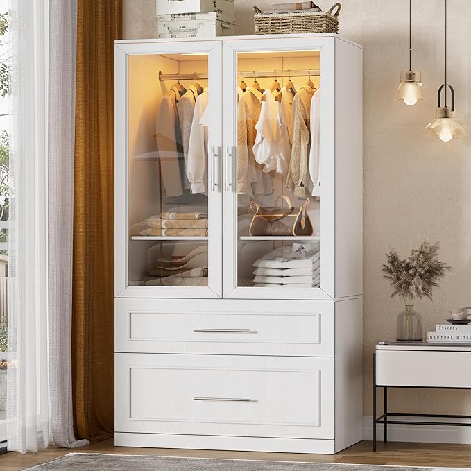 Armoire Wardrobe Closet with Drawers and LED Lights,71" Bedroom Closet Wardrobe Cabinet with 2 Glass Doors & Hanging Rod, Wooden Freestanding Armoire Storage Cabinet for Cloakroom,White