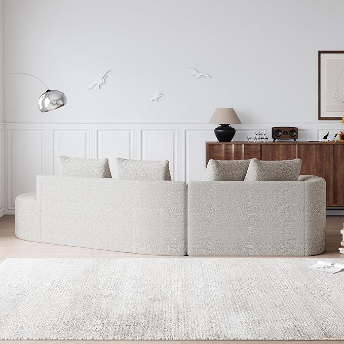 112" Modern Cloud Sectional Sofa, Chenille 4-Seater Curved Couch with 4 Pillows, Extra Deep & Wide Seat, No-Assembly Compressed Upholstered Living Room Sofa for Bedroom,Apartment,Khaki Left