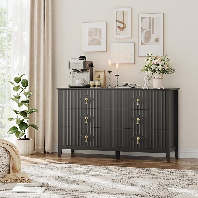 GarveeHome Fluted Dresser for Bedroom, 54 Inch Wide 6-Drawer Wood Dresser, Modern Chest of Drawers, Storage Organizer Cabinet for Living Room, Hallway, Entryway, Black - Image 8