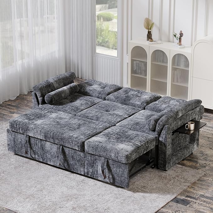 3 in 1 Convertible Sofa Bed, Chenille Pull Out Couch with Side Table, 3 Seat Pull Out Sofa Bed with Level Adjustable Backrest, Comfy Sleeper Sofas for Living Room, Apartment, Gray