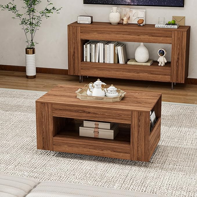 35" Wood Coffee Table for Living Room, Sides Storage with Transparent Legs, Minimalist Farmhouse 2-Tier Storage Shelf Center Table for Home Office, Apartment, Walnut