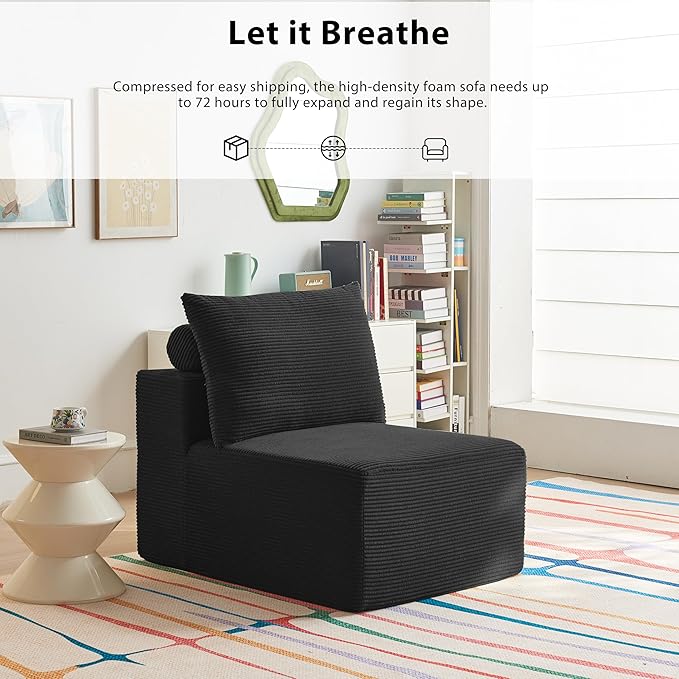 Modular Corduroy Middle Seat, 30" Single Seater Sofa with Deep Compression Couch, DIY Sectional Couch Piece for Living Room or Bedroom, No Assembly Required (Black, Single Seater)