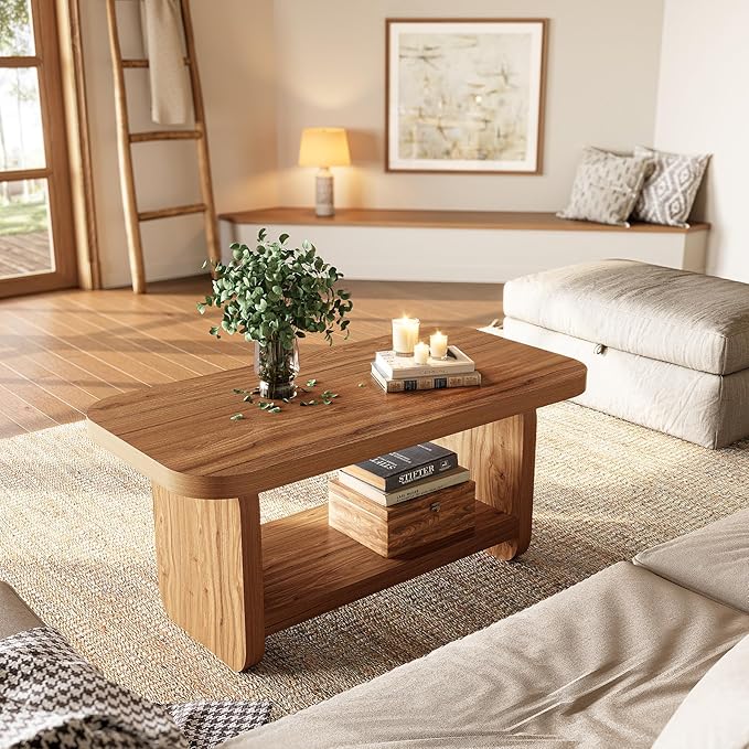 LITTLE TREE Wooden Coffee Table, 47.2" Center Table with Storage, Modern Farmhouse Rectangle Living Room Tables with Rounded Corners for Living Room, Bedroom, Kids Room, Home Office, Brown