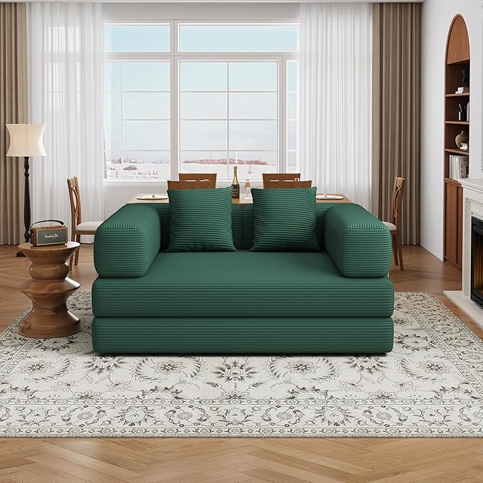 Folding Sofa Bed Convertible Corduroy Couch Queen Size Floor Sleeper 4-in-1 DIY Combination Modular Lazy Sofas Fold Futon Lounge for Living Room (Green, 53.15" Double Sofa)