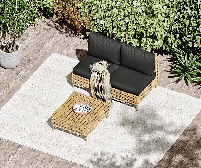 LHBcraft 3 Piece Wicker Patio Furniture Set,Modular Outdoor Furniture,Outdoor Patio Conversation Sets with Fluffy Black Cushions and Coffee Table